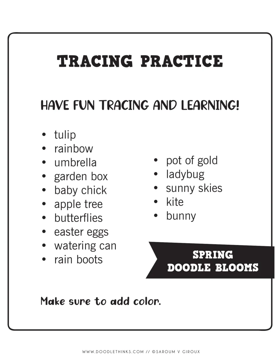 Spring Doodle Blooms Tracing Practice title page listing 15 pictures to trace, from tulip and rainbow to kite and bunny