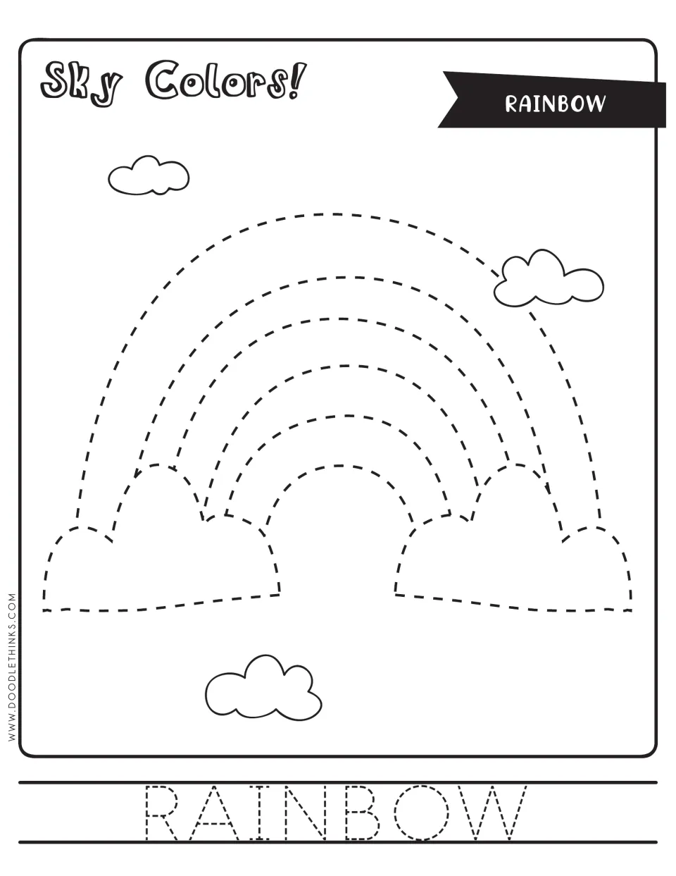 Rainbow tracing: students trace the dashed arcs of a rainbow resting on two clouds, then trace the word RAINBOW and color
