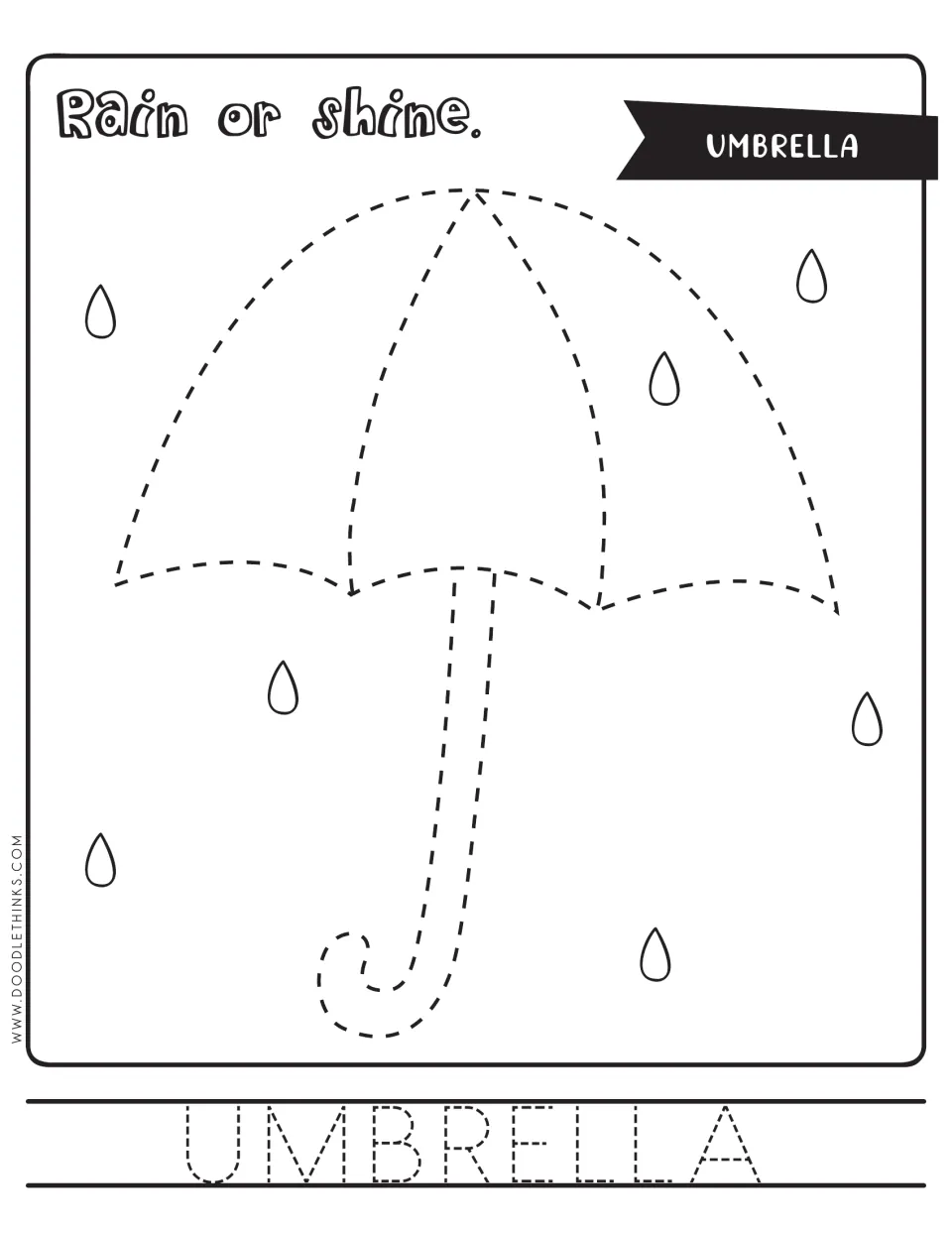 Umbrella tracing: students trace a dashed umbrella with a curved handle among raindrops, then trace the word UMBRELLA