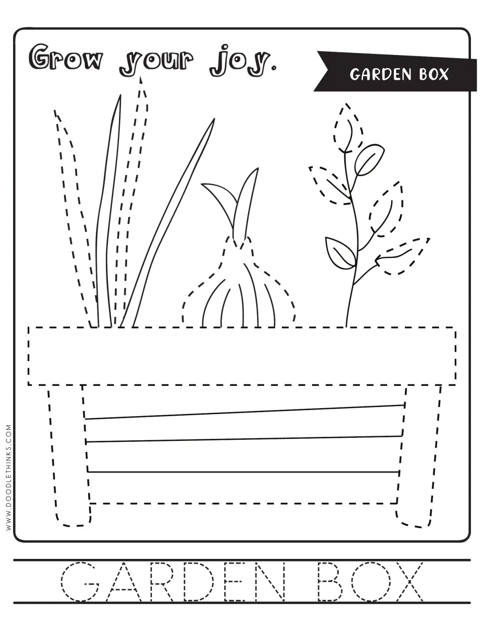 Garden box tracing: students trace a dashed planter box with leafy plants and a bulb, then trace the words GARDEN BOX