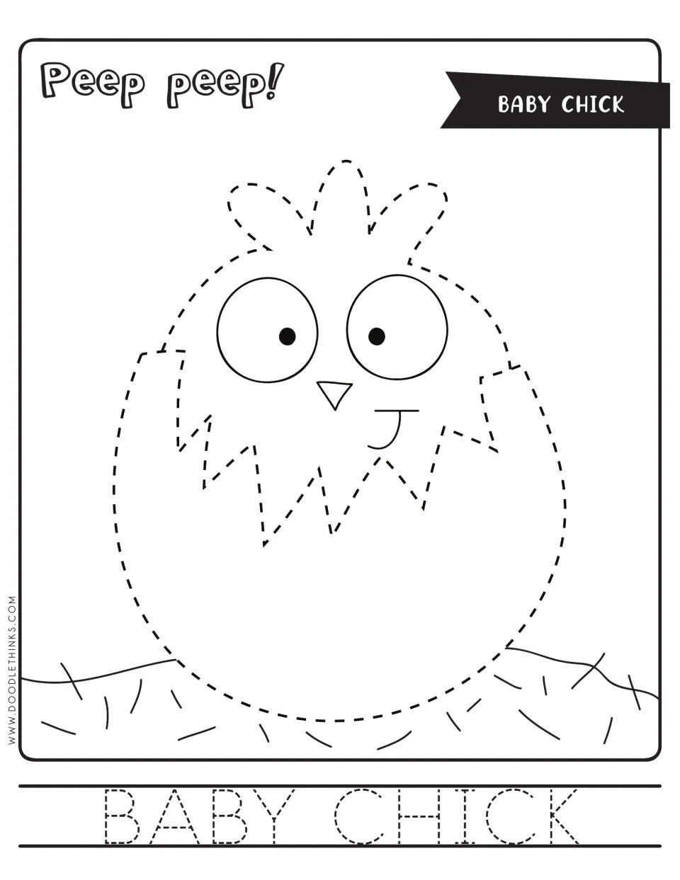 Baby chick tracing: students trace a dashed chick hatching from a cracked egg in a nest, then trace the words BABY CHICK