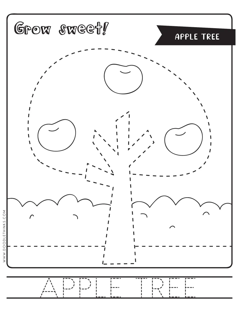 Apple tree tracing: students trace a dashed tree trunk, branches and round treetop with three apples, then trace APPLE TREE