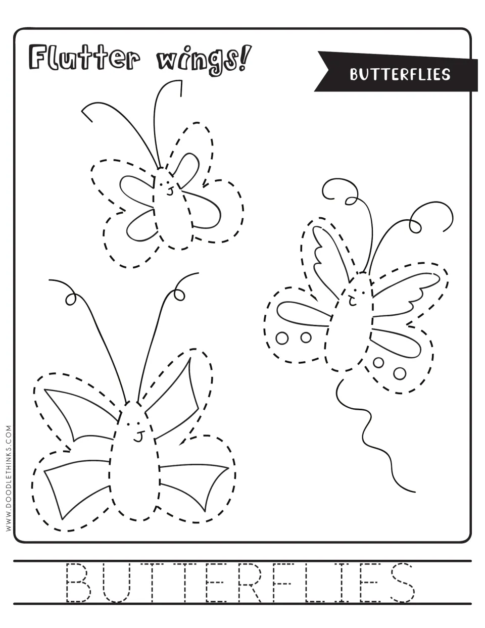 Butterflies tracing: students trace the dashed wings and bodies of three smiling butterflies, then trace BUTTERFLIES
