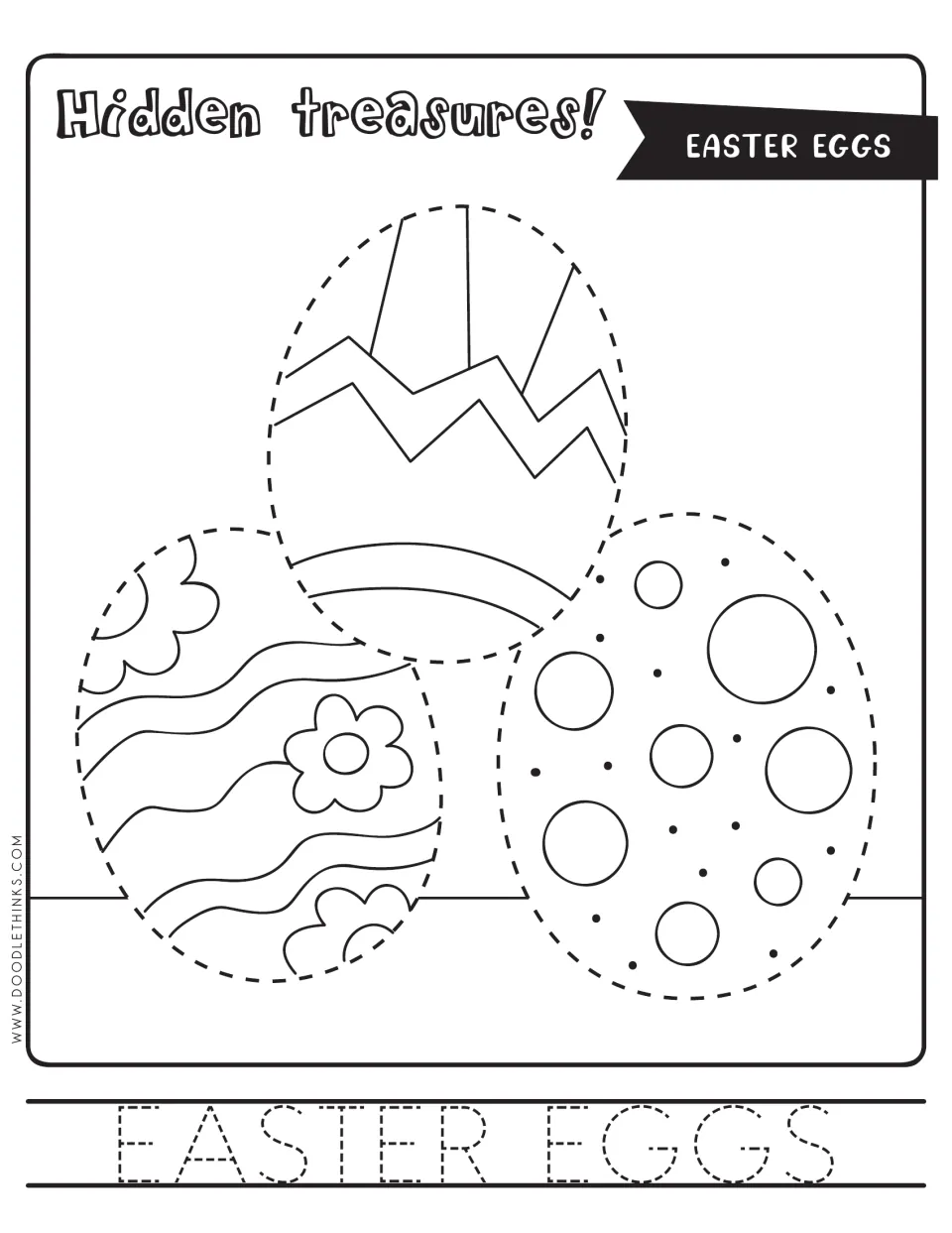 Easter eggs tracing: students trace three egg outlines decorated with zigzags, flowers and dots, then trace EASTER EGGS