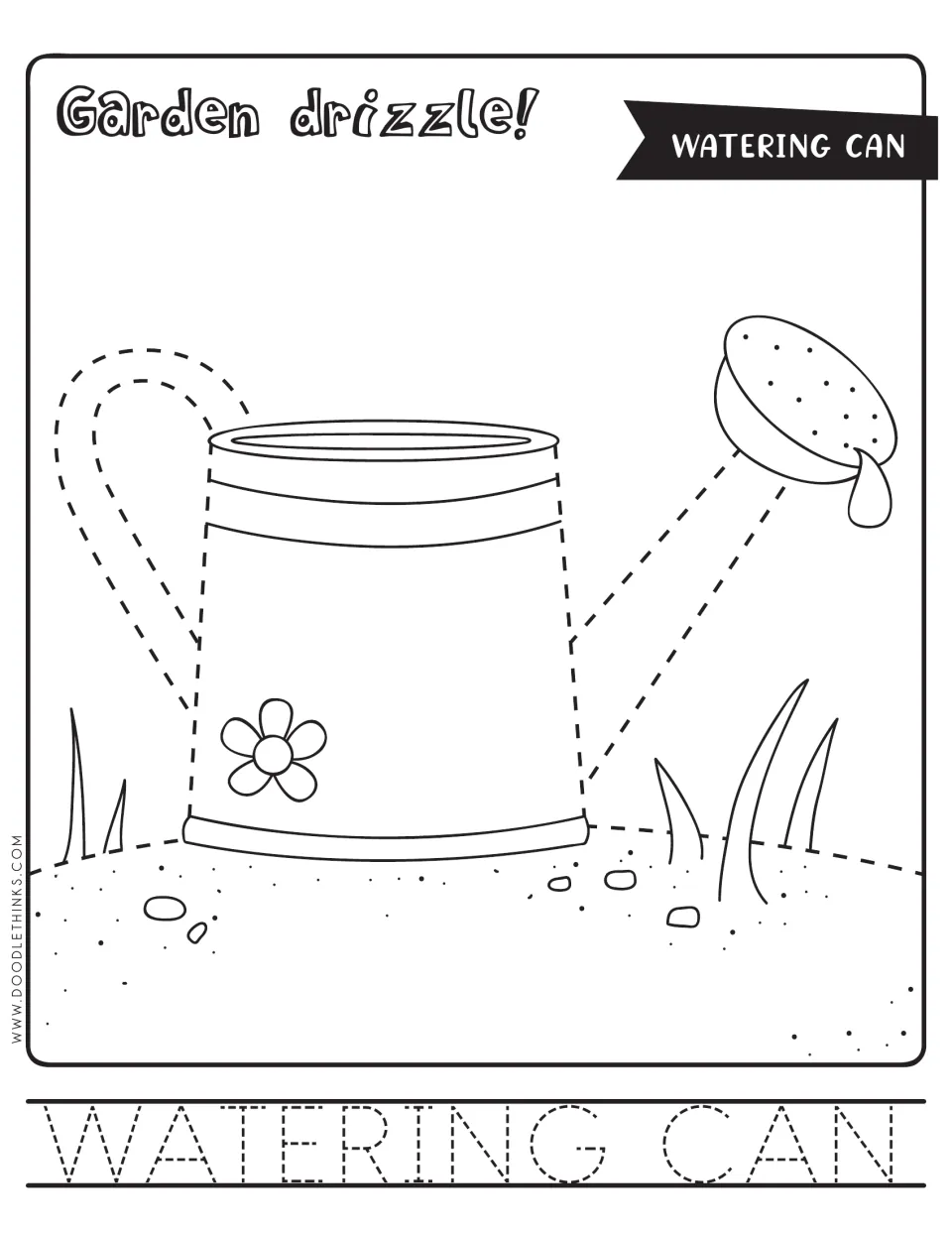 Watering can tracing: students trace a dashed watering can handle, body and spout on grassy soil, then trace WATERING CAN