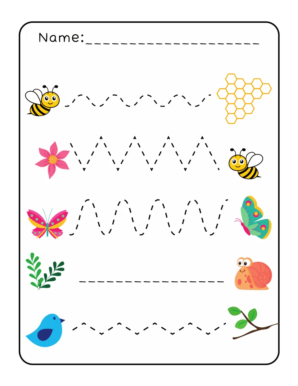 Spring tracing practice with five paths: waves, zigzags, and a straight path linking nature pictures.
