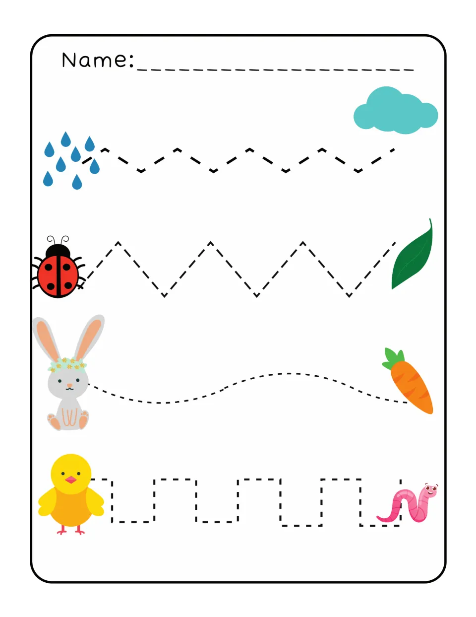 Spring tracing practice with four paths linking rain to a cloud, a ladybug to a leaf, and two more pairs.
