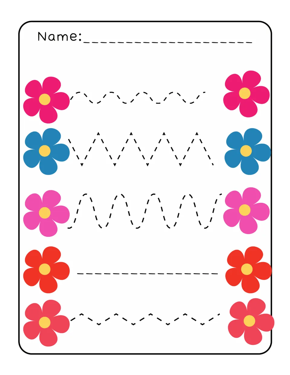 Spring tracing practice with five paths between matching flowers, including waves and zigzag patterns.
