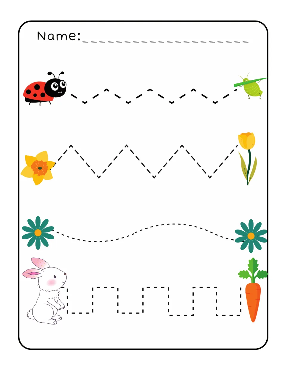 Spring tracing practice with four paths between insects, flowers, and a rabbit and carrot picture pair.
