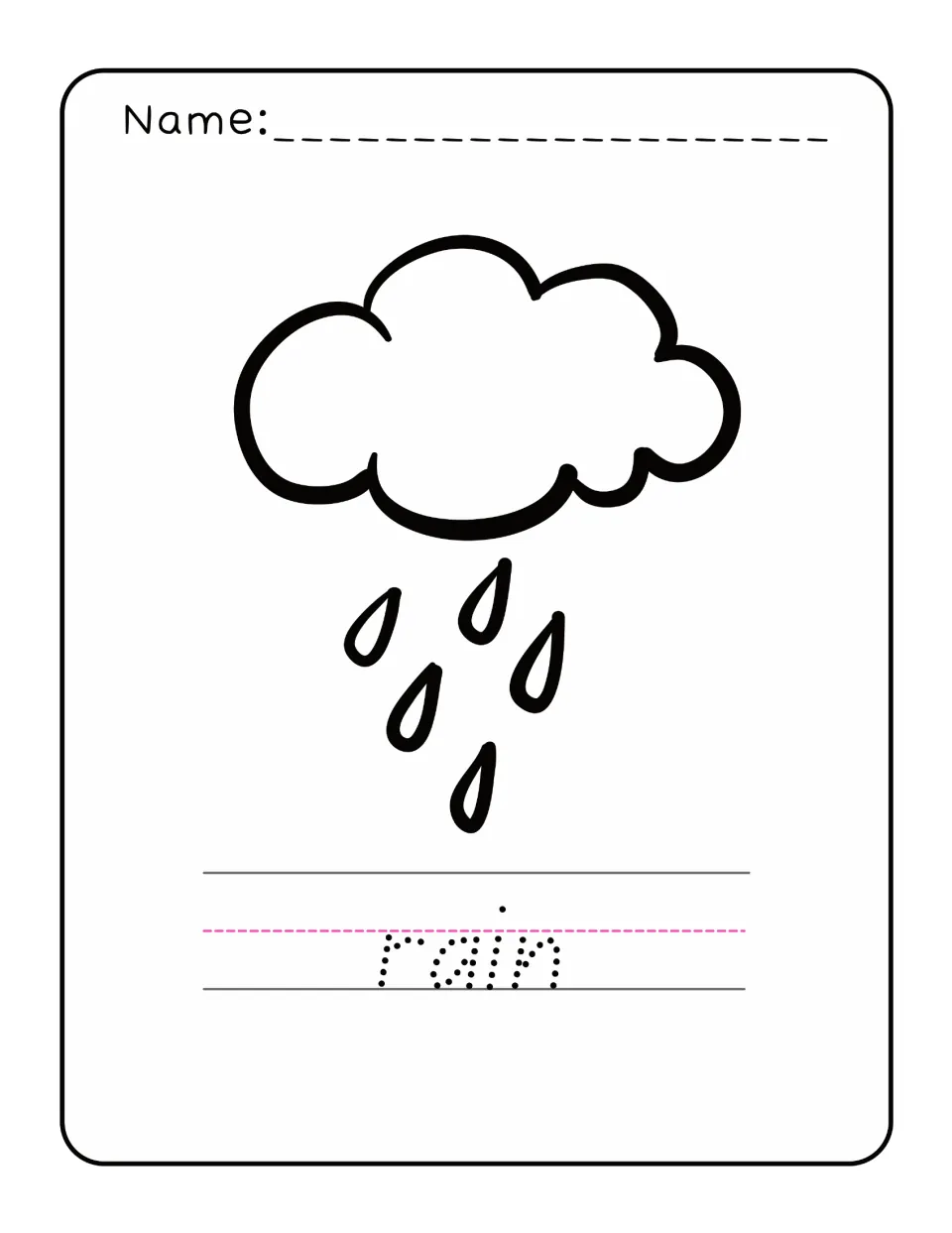 Spring word tracing and coloring practice featuring a rain cloud and the lowercase word 'rain' to trace.