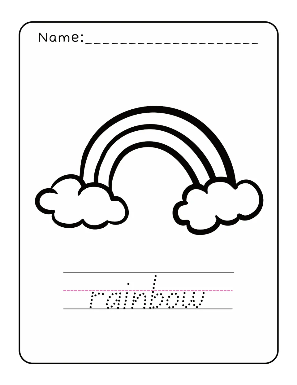 Spring word tracing and coloring practice featuring a rainbow and the lowercase word 'rainbow' to trace.