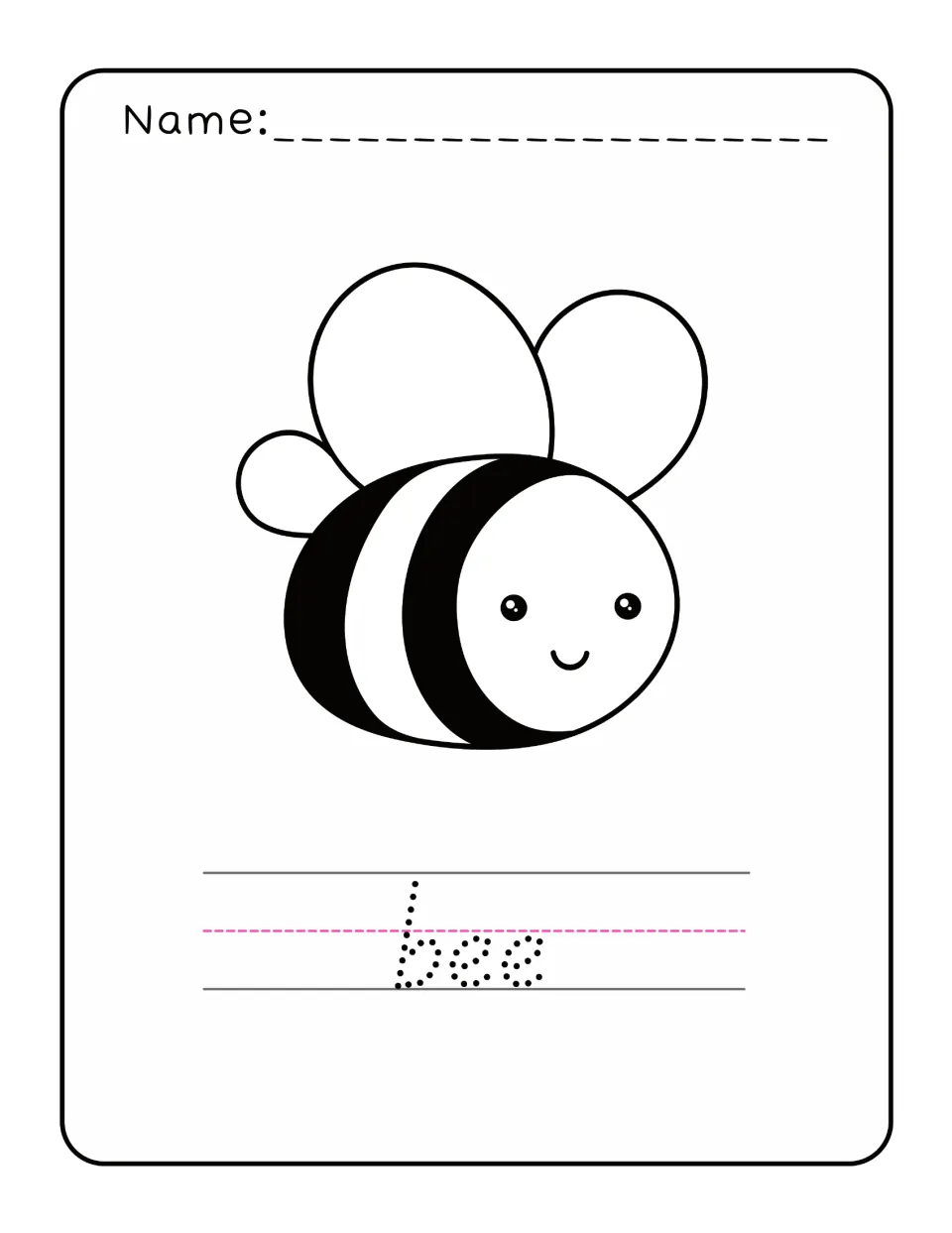 Spring word tracing and coloring practice featuring a striped bee and the lowercase word 'bee' to trace.