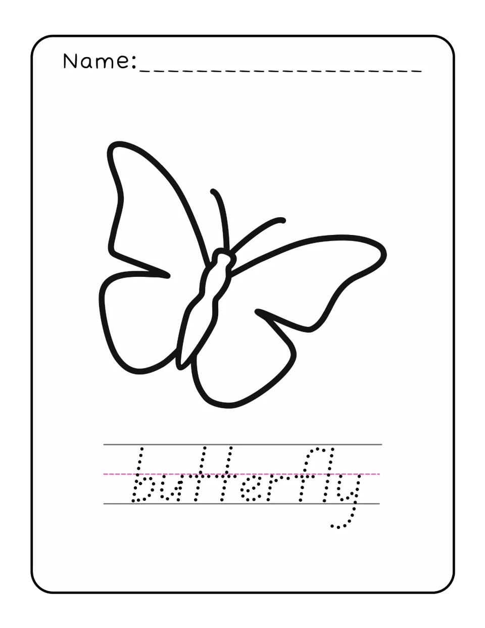 Spring word tracing and coloring practice featuring a butterfly and the lowercase word 'butterfly' to trace.