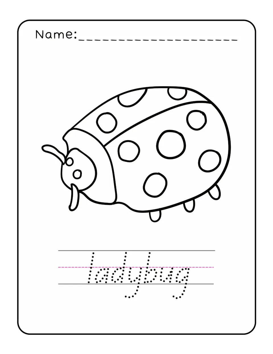 Spring word tracing and coloring practice featuring a spotted ladybug and the lowercase word 'ladybug' to trace.