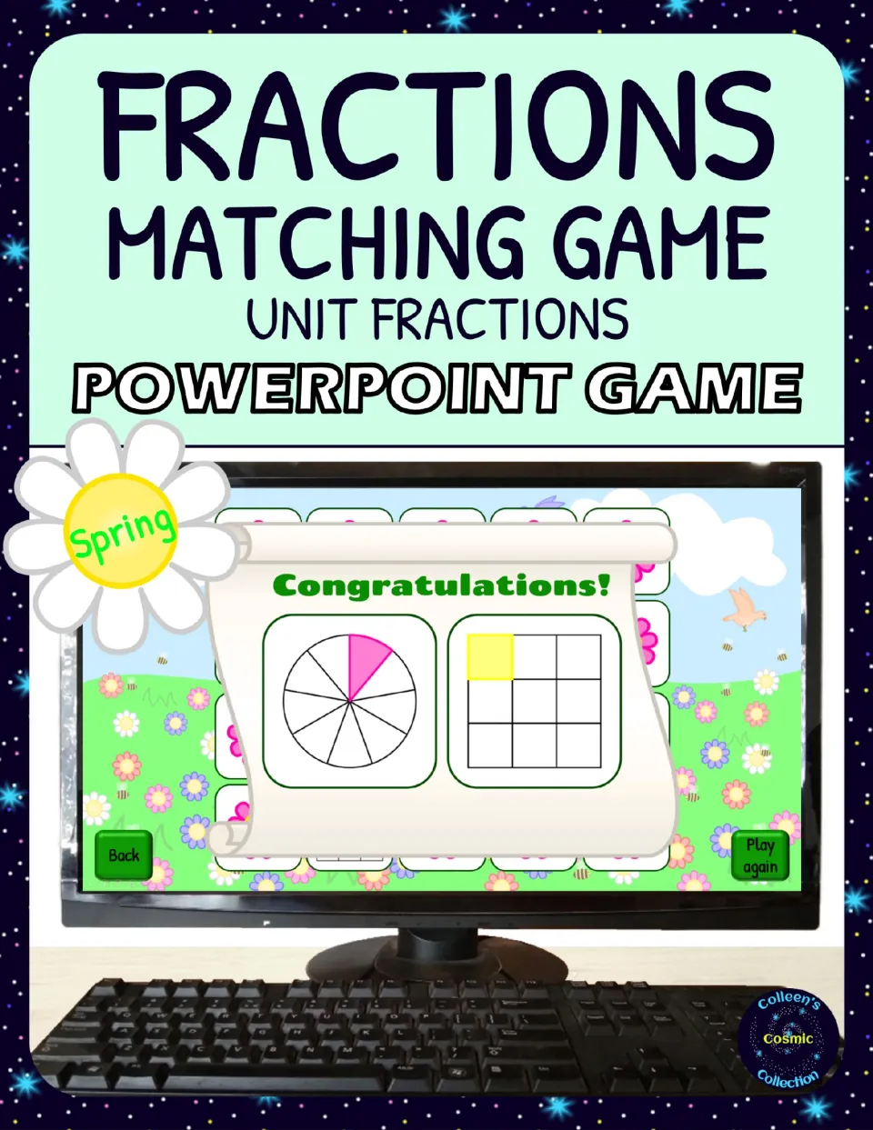 Cover for the spring unit fractions PowerPoint matching game, showing a matched fraction circle and square