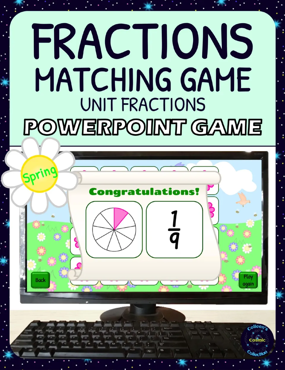 Cover of the spring unit fractions PowerPoint matching game, showing a fraction circle paired with 1/9