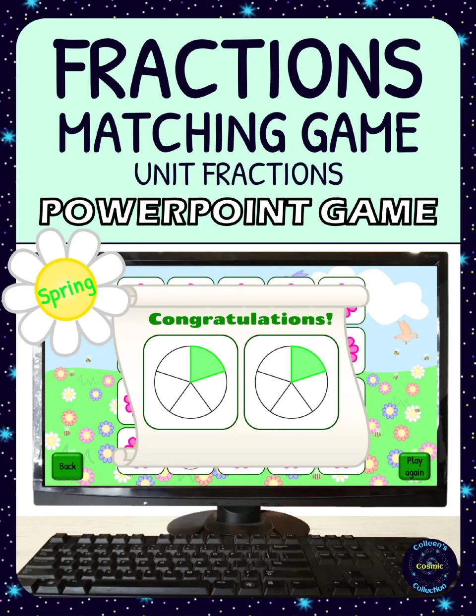 Cover of the spring unit fractions PowerPoint matching game, showing two circles with one fifth shaded.