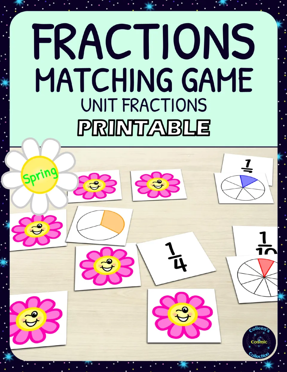 Cover for a spring unit fractions matching game, showing flower card backs, fraction circle cards and 1/4 and 1/10 cards