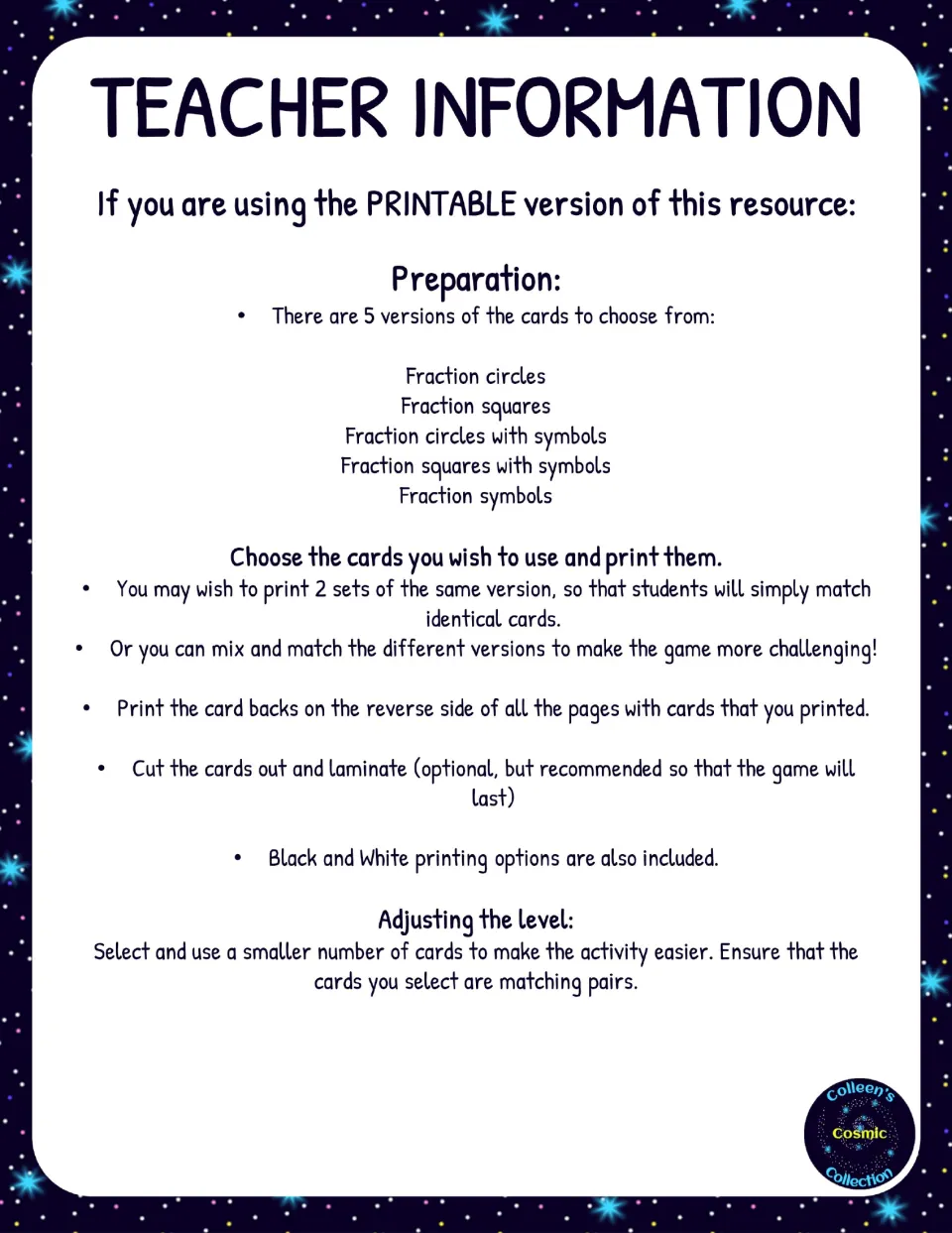 Teacher prep notes: choose from 5 card versions, print card backs, cut and laminate, and use fewer pairs for an easier game