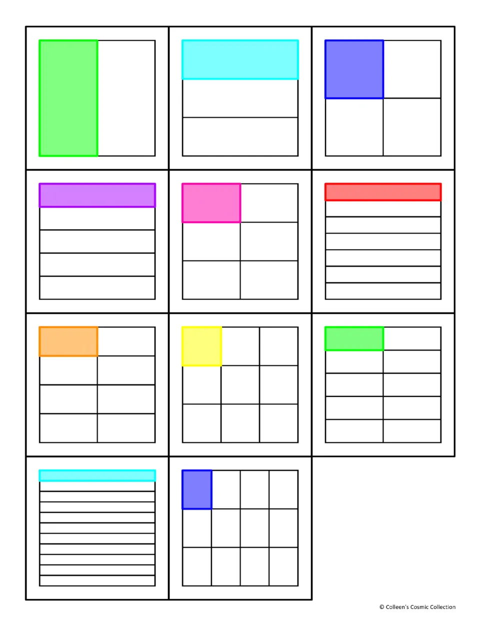 Fraction square cards: 11 cut-out cards, each square split into equal parts with one part colored, halves through twelfths