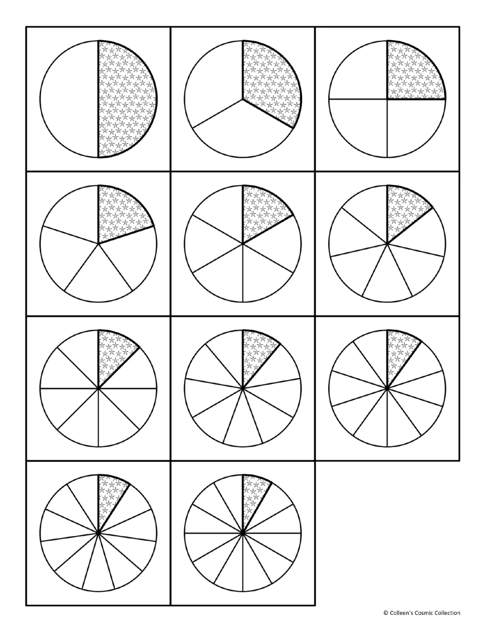 Black and white fraction circle cards: 11 cut-out circles with one star-patterned part showing unit fractions 1/2 to 1/12