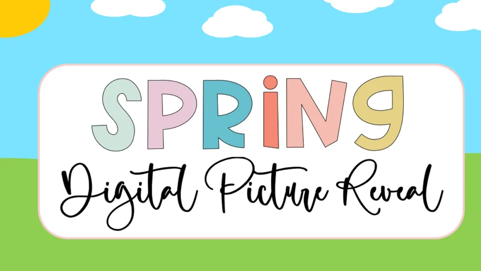 Cover labeled 'Spring Digital Picture Reveal' introduces the spring-themed virtual math jigsaw puzzle.