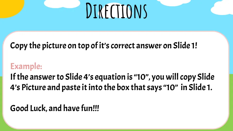 Puzzle directions explain copying each picture onto its correct answer on Slide 1, using 10 as an example.