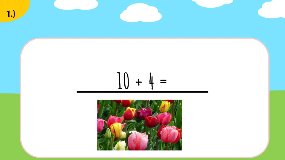 First supplied math problem presents 10 + 4 with a tulip picture piece to copy onto the matching answer.