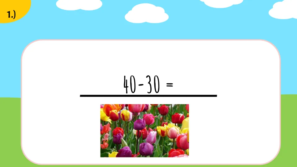Second supplied math problem presents 40 − 30 with a tulip picture piece to copy onto the matching answer.