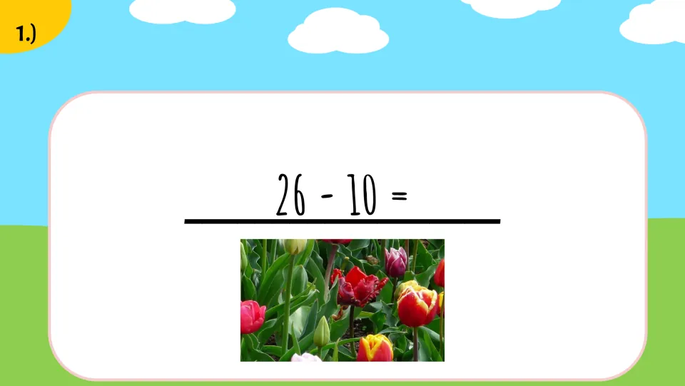 Third supplied math problem presents 26 − 10 with a tulip picture piece to copy onto the matching answer.