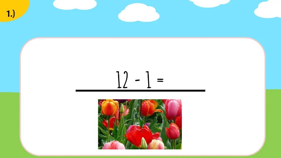 Fifth supplied math problem presents 12 − 1 with a tulip picture piece to copy onto the matching answer.
