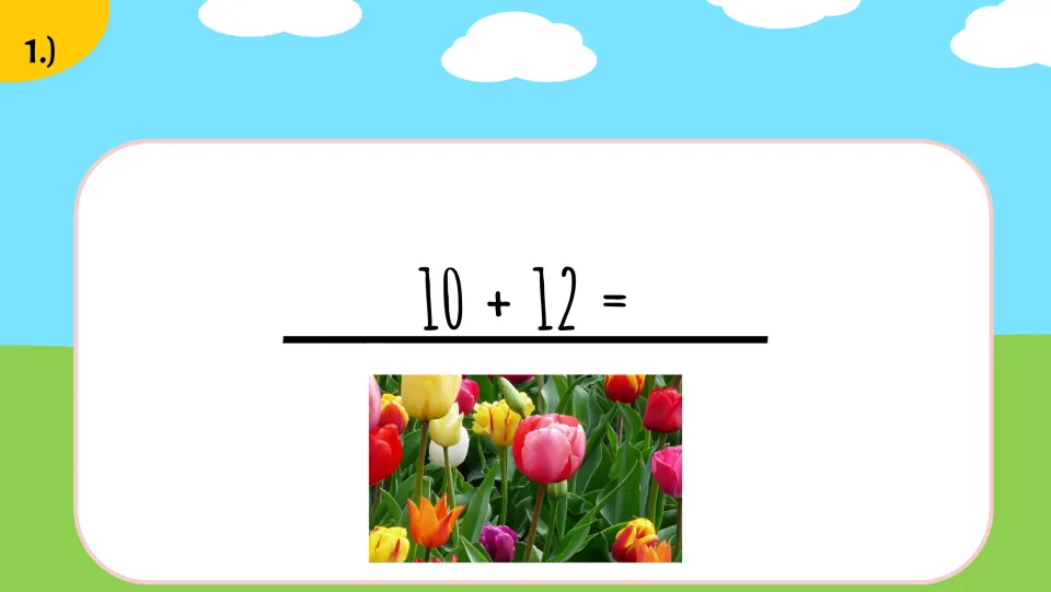 Seventh supplied math problem presents 10 + 12 with a tulip picture piece to copy onto the matching answer.