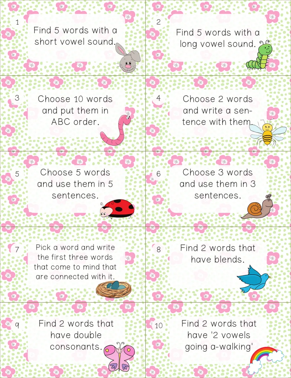 Spring word task cards 1-10: find short and long vowel words, blends and double consonants, ABC order, write sentences