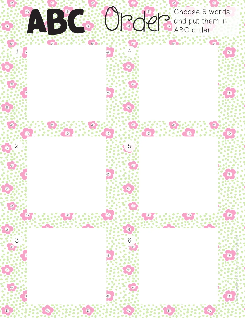 ABC Order recording sheet: students choose 6 spring words and write them in alphabetical order in numbered spaces 1-6