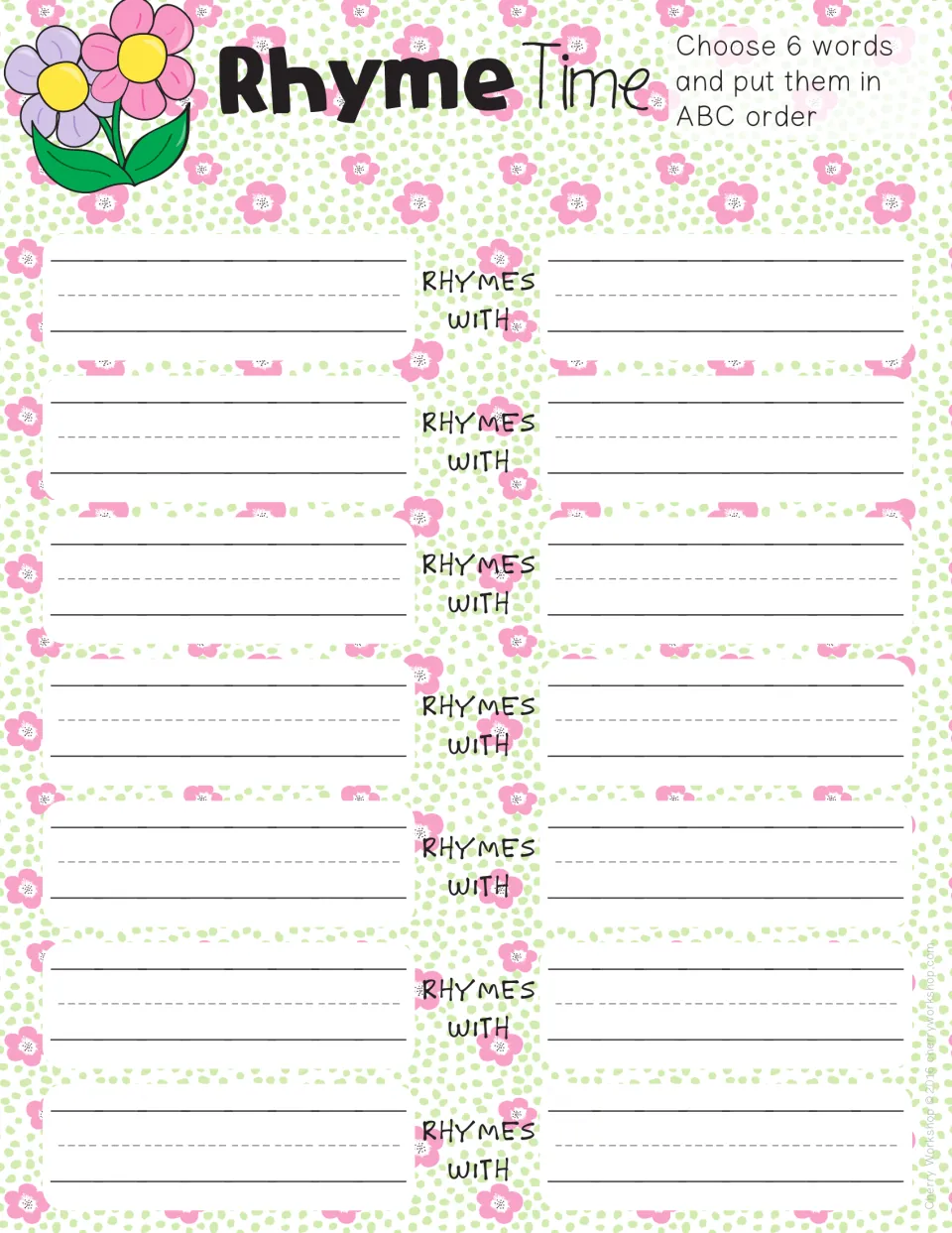 Rhyme Time recording sheet: students write seven pairs of rhyming words, each pair joined by the words 'rhymes with'