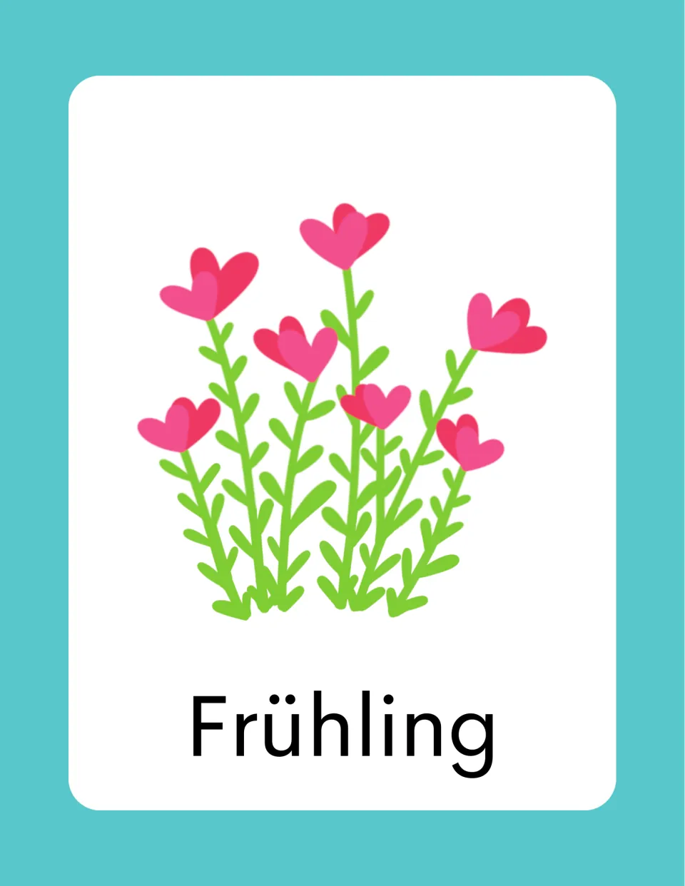 German spring vocabulary card labeled 'Frühling' (spring), illustrated with a group of pink flowers