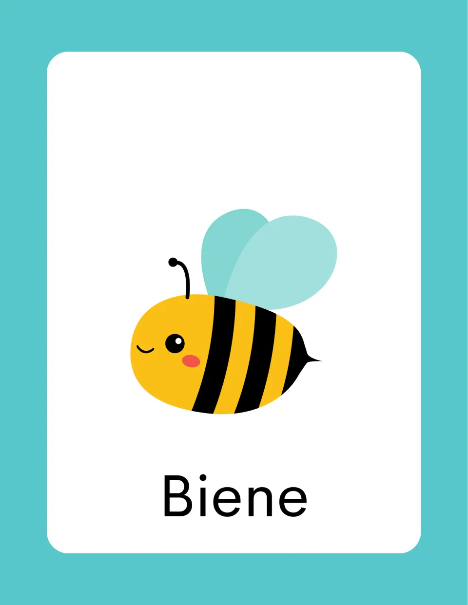 German spring vocabulary card labeled 'Biene' (bee), illustrated with a yellow and black striped bee