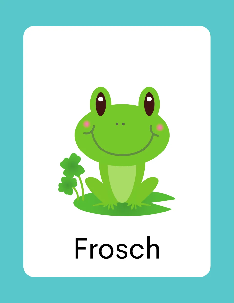 German spring vocabulary card labeled 'Frosch' (frog), illustrated with a green frog sitting on a lily pad