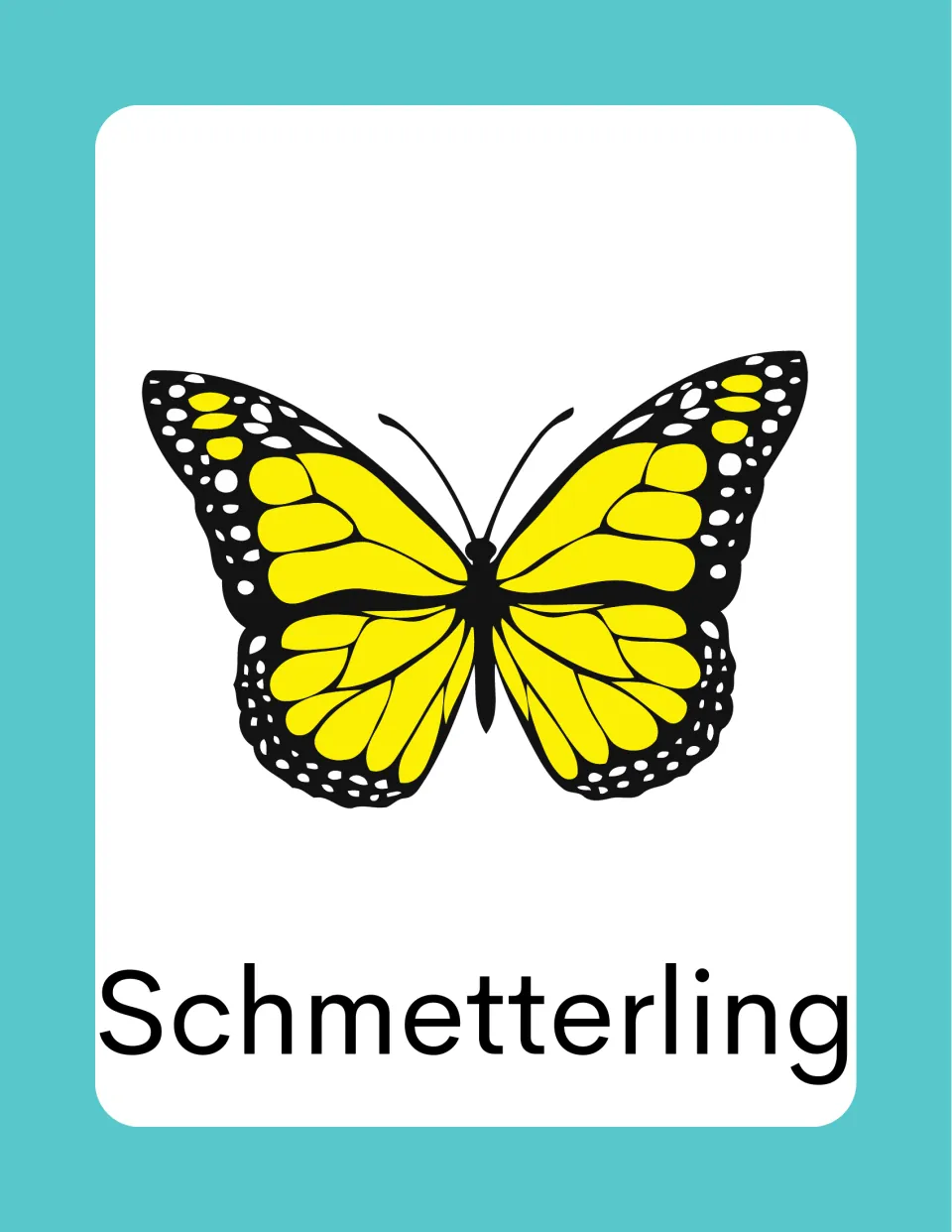 German spring vocabulary card labeled 'Schmetterling' (butterfly), showing a yellow and black butterfly