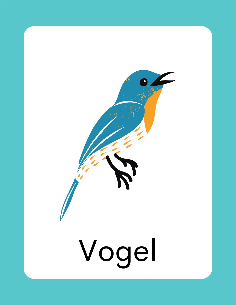 German spring vocabulary card labeled 'Vogel' (bird), illustrated with a blue bird with an orange throat