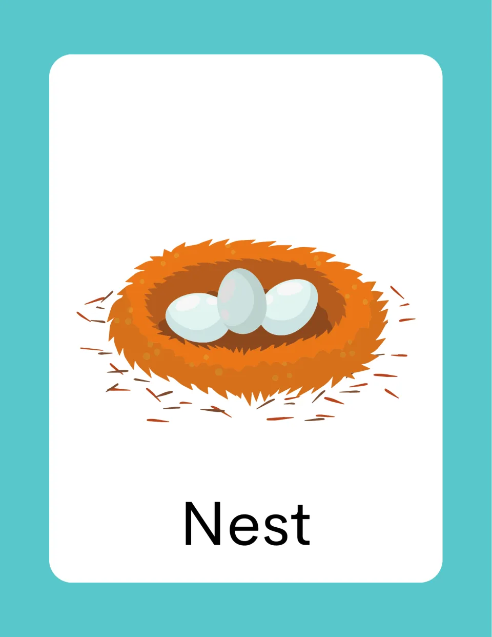 German spring vocabulary card labeled 'Nest' (nest), illustrated with three eggs resting in a bird's nest