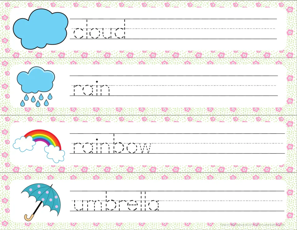 Spring weather words: students trace cloud, rain, rainbow and umbrella in dotted letters beside a picture of each