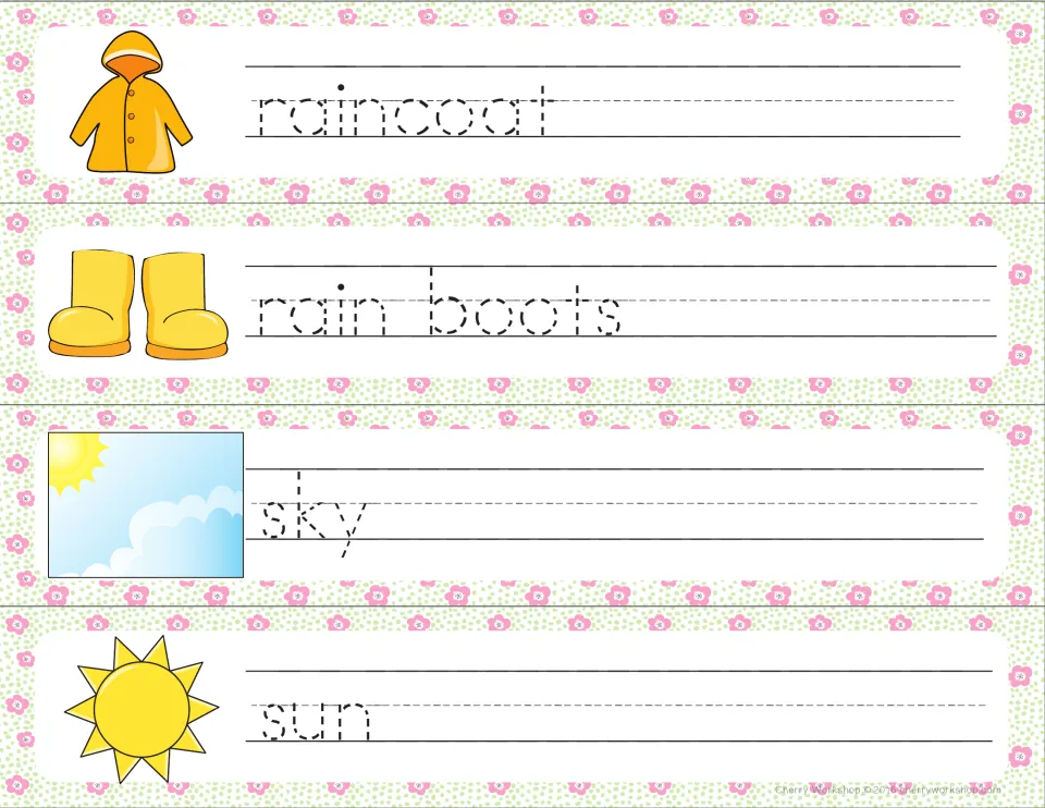 Rain gear and sky words: students trace raincoat, rain boots, sky and sun in dotted print next to matching pictures