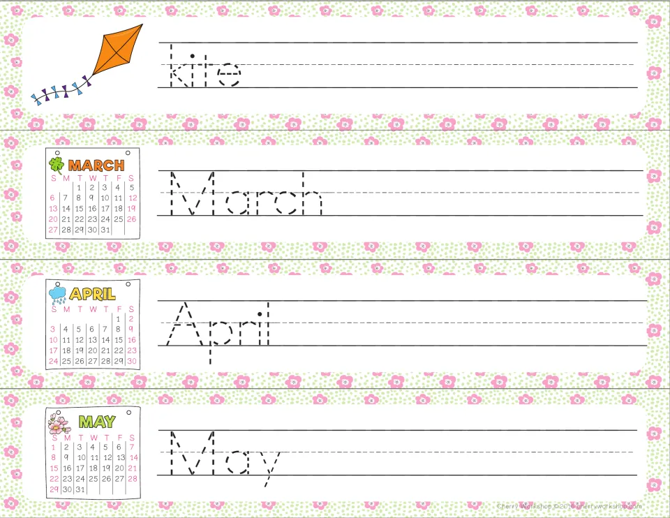 Spring months: students trace kite, March, April and May; each month card shows a small calendar for that month