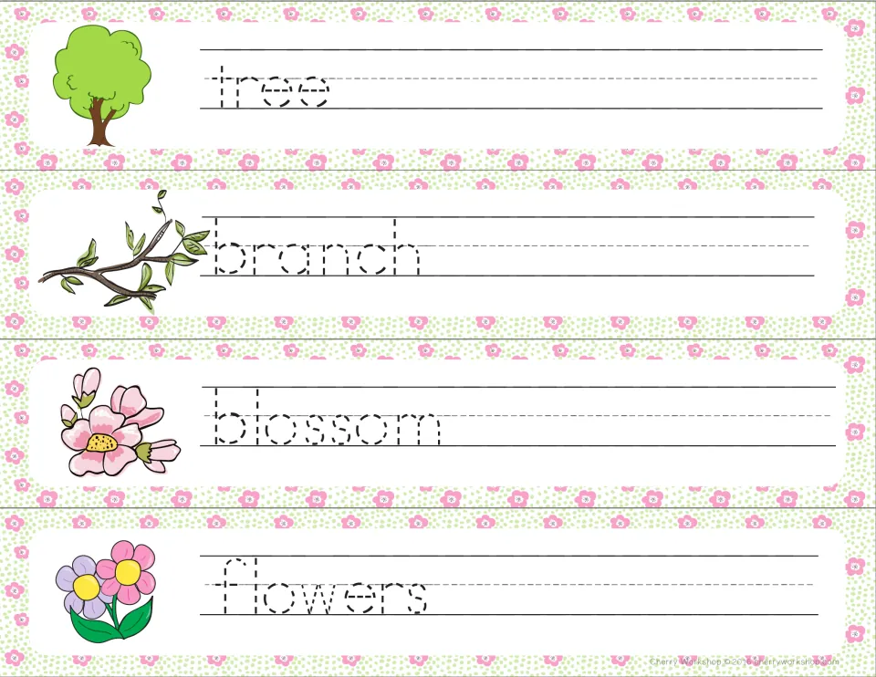 Trees and flowers: students trace the words tree, branch, blossom and flowers in dotted letters beside each picture