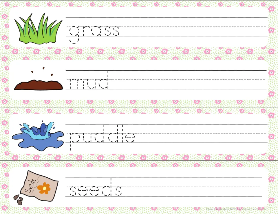 Spring ground words: students trace grass, mud, puddle and seeds in dotted letters, each next to a matching picture