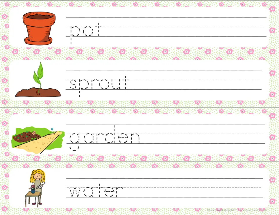 Planting words: students trace pot, sprout, garden and water, with pictures of a flowerpot, seedling and a girl watering