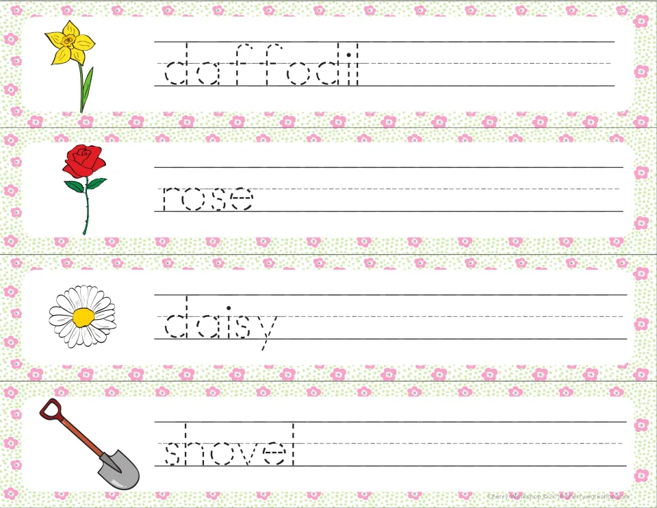 Flower names and a tool: students trace daffodil, rose, daisy and shovel in dotted print beside a picture of each