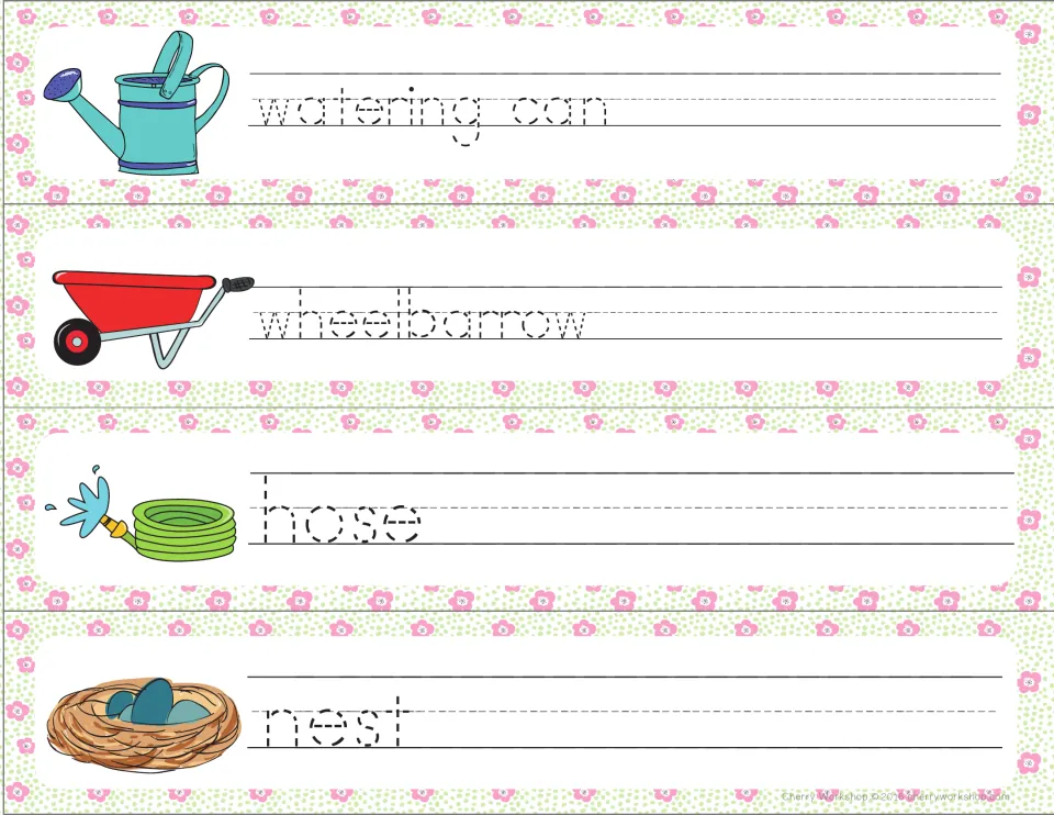 Garden tools and a nest: students trace watering can, wheelbarrow, hose and nest in dotted letters next to pictures