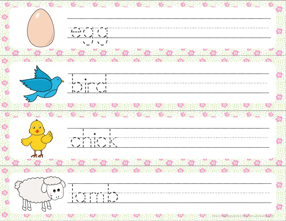 Baby animals and eggs: students trace egg, bird, chick and lamb in dotted print, each beside a matching picture